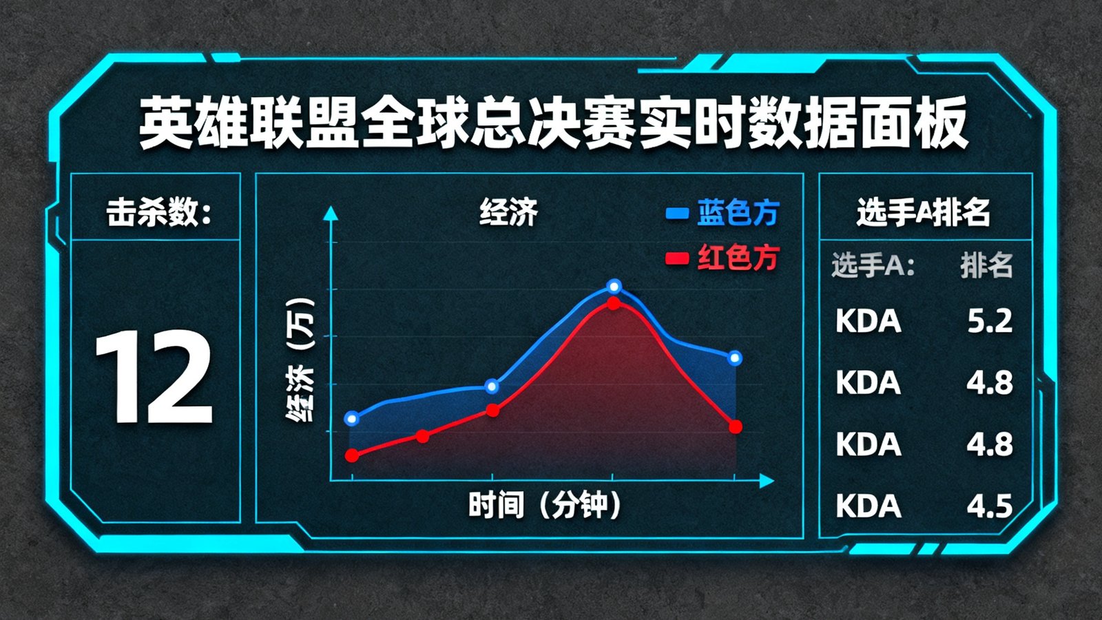 爱游戏平台电竞数据模块的界面截图，展示英雄联盟全球总决赛的实时数据面板，包含击杀数、经济曲线和选手KDA排名
